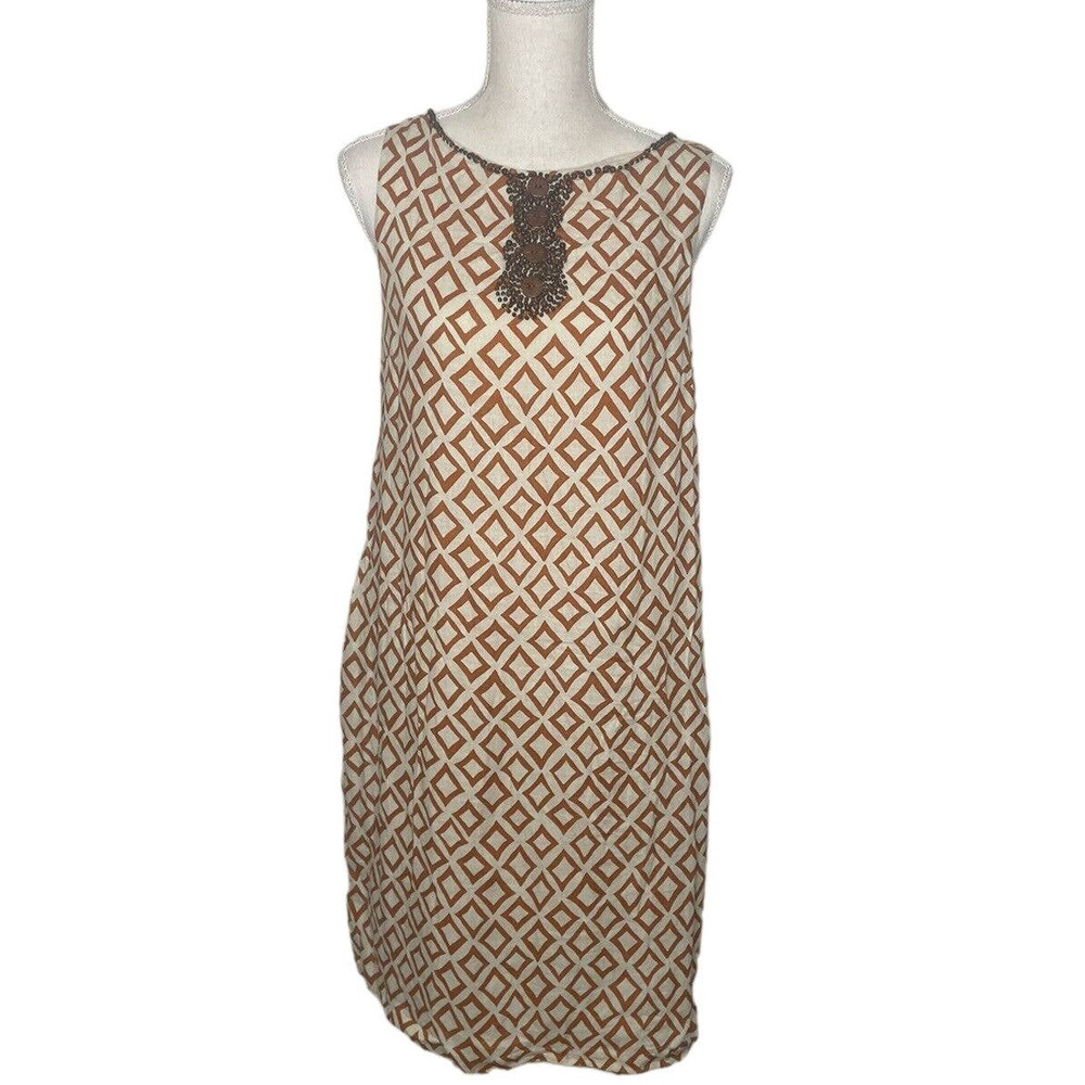 LANDS END Tan Cream Geometric Print Beaded Shift Sundress Coverup Sz 8 EUC